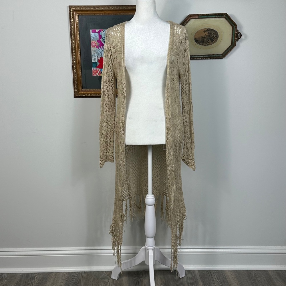 Tan Open Knit Duster Sweater - SIZE est. S Boho Festival Fringe